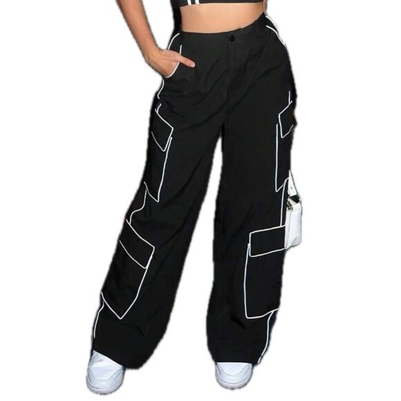 New XS Oversized Black Wide Leg Cargo Pants White Outline Piping Grunge Goth 90s - Picture 2 of 10